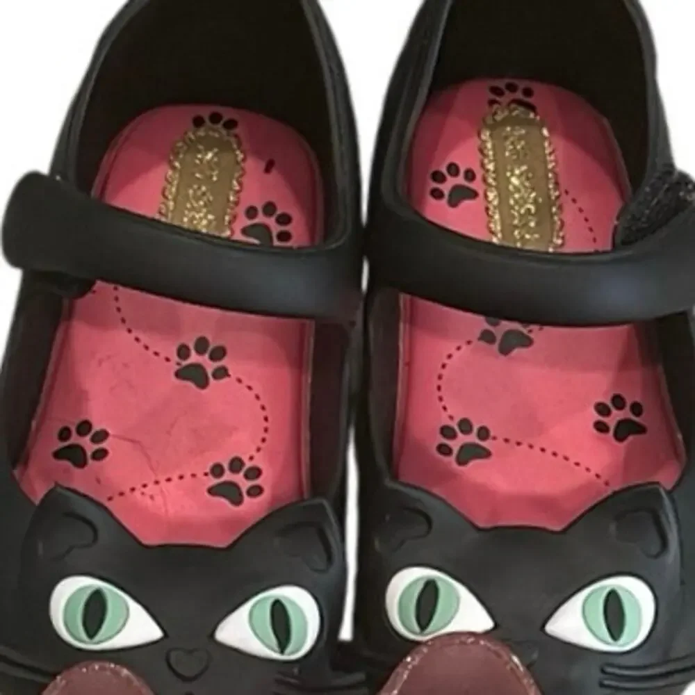 Mini Melissa Black Cat Mary Jane Shoes Toddler Size 7C Kitty Ballet Flats